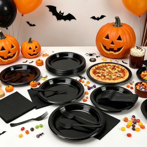 Black Plastic Dinner Plate Set - 30 Pack 9-Inch Disposable Plates & Napkins - Black / 30 Set