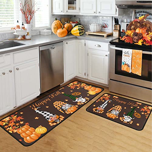 Fall Kitchen Rugs and Mats Set - 17x47.2 & 17x30 Inches, Non-Slip Pumpkin Design, Autumn Decor for Kitchen and Home - Fall 05