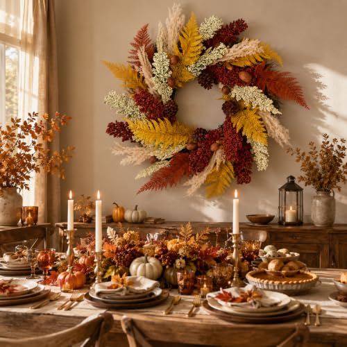 Aelora 24 Inch Fall Wreath for Front Door - Pine Cones, Wheat Ears, Autumn Decor - Variation A