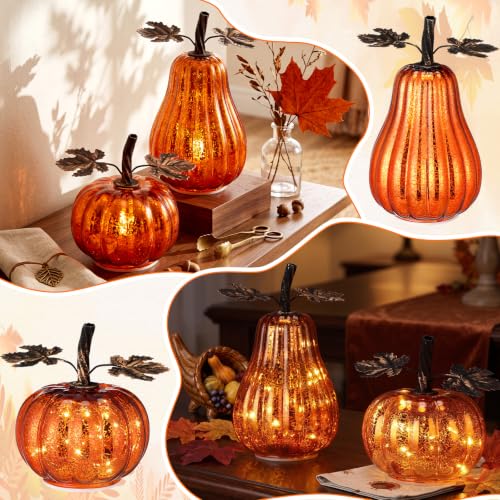 Lighted Glass Pumpkin Decor - Set of 2 Mercury Glass Autumn Halloween Thanksgiving Oranges
