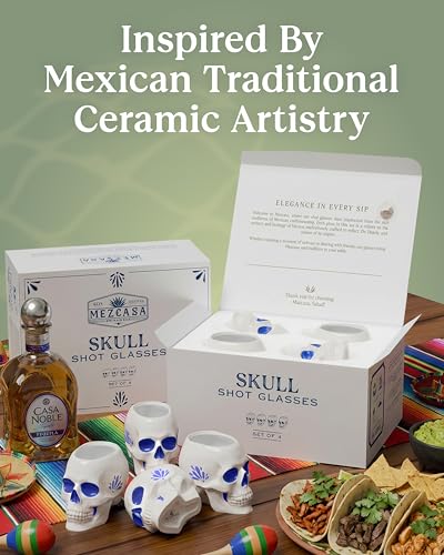 White & Blue Skull Shot Glasses Set of 4 - Día de los Muertos Handcrafted Ceramic Skull Glasses 2oz