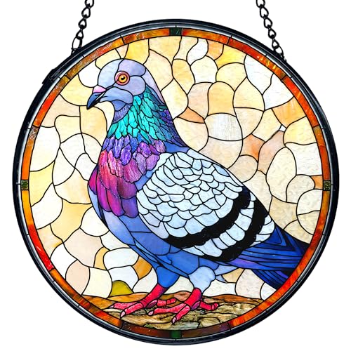 Stained Glass Bird Sun Catcher - Pigeon Window Decor with Metal Frame, 7.9 Inches