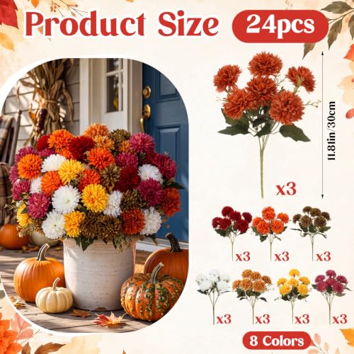 Artificial Fall Flower Bouquet Set - Multicolor Pompom Chrysanthemums, 24 Bunches with Bendable Stems