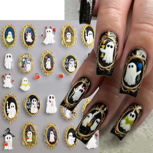 Halloween Ghost Nail Stickers Set - Gold Spider Web Design & Embossed Pumpkin, 4 Sheets with Variation - DIY Nail Art Decorations
