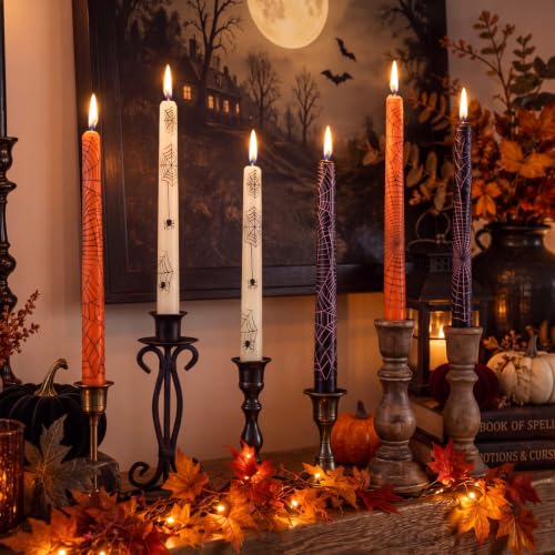 Halloween Spider Web Taper Candles Bulk Set - Spooky Decor, 10 Inch, 3 Colors
