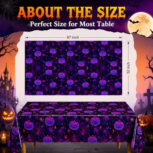 Glow in the Dark Halloween Plastic Tablecloth Set - 52x87 Inches, Iridescent Spiderweb & Pumpkin Design, Waterproof Party Decor for Indoor Outdoor Events