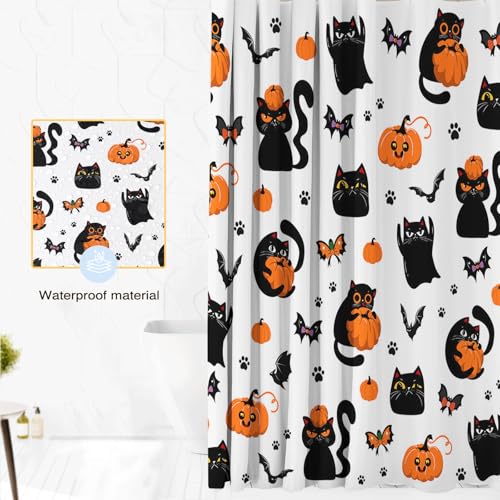 Halloween Shower Curtain Black Cat Pumpkin Ghost Waterproof Fabric 72x72 Inch
