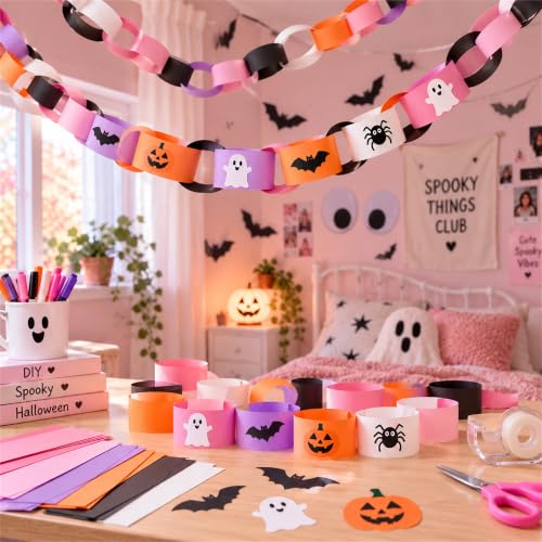 Halloween Paper Chain Garland - Pastel Pink Purple, 1 x 8 Inches, 500 Strips & Decorations