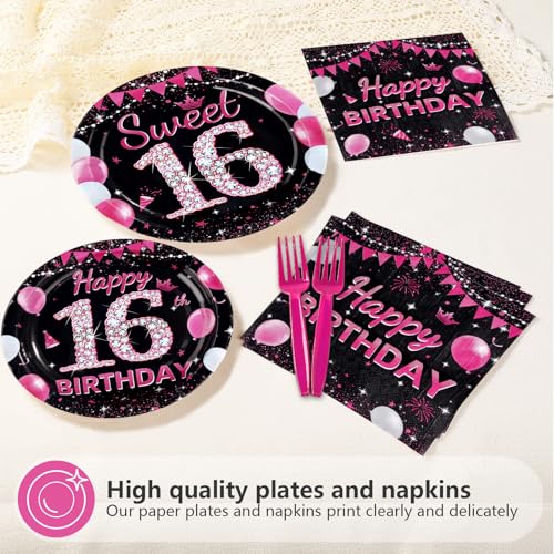16th Birthday Party Plates Set - 24 Hot Pink Sweet 16 Dinner & Dessert Plates with Napkins & Forks - Variation of 16th Plates