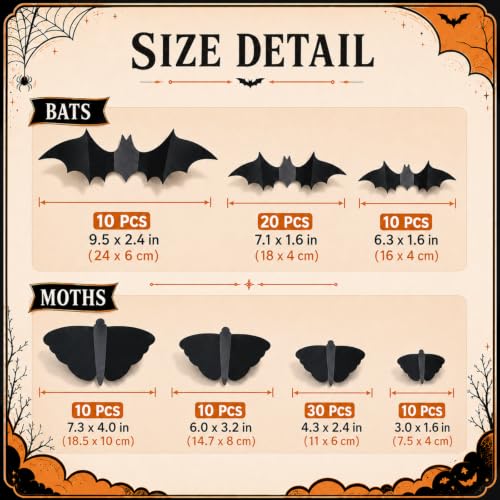 Halloween Wall Decals Set - 100 Black 3D Bat & Moth Stickers for Indoor/Outdoor Decor