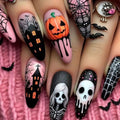 Halloween Fake Nails Set with Spider Web Skeleton Pumpkin Design - Medium Length Press-On Nails (Variation 7)