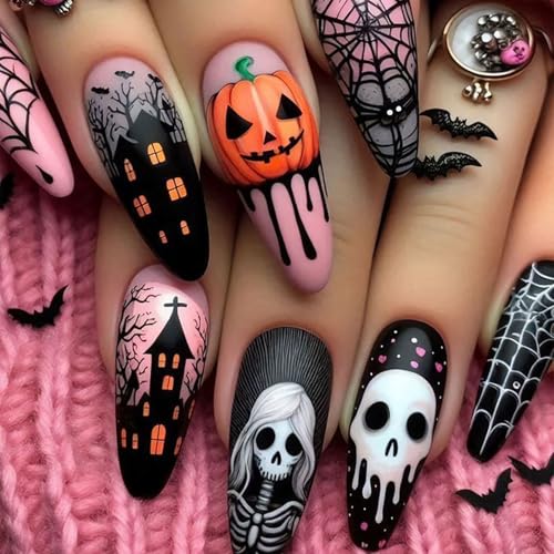 Halloween Fake Nails Set with Spider Web Skeleton Pumpkin Design - Medium Length Press-On Nails (Variation 7)