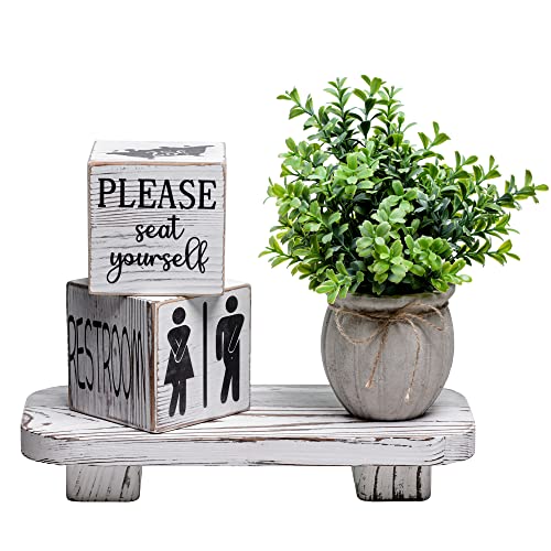 Funny Bathroom Decor Signs Wooden Blocks with Plant & Tray - Rustic Farmhouse Toilet Decor