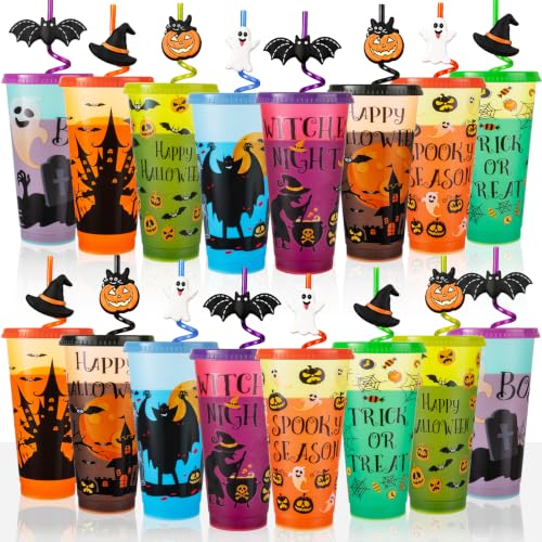 16 Pack Color Changing Halloween Plastic Cups with Lids & Straws - 24 oz Reusable Party Tumblers