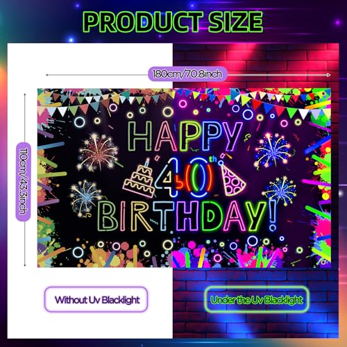 Neon 40th Birthday Banner - Glow in The Dark Party Decorations with UV Blacklight