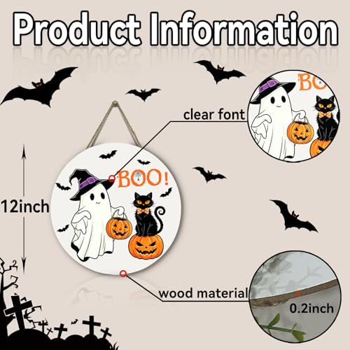 Halloween Boo Door Hanger Ghost and Black Cat Sign - 12x12 Inch Outdoor Wreath with Jack-o'-Lanterns and Bats - Black Cat Ghost Variation