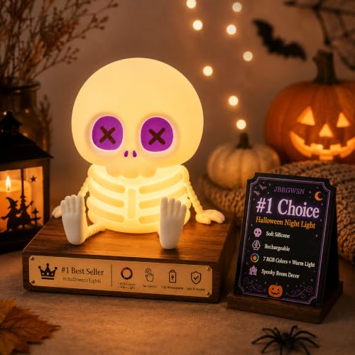 Pink Skeleton Night Light Toy - Rechargeable Silicone Halloween Decor - Warm White Skull Lamp