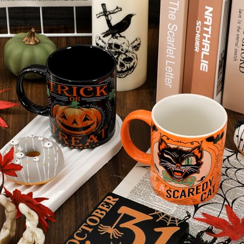 Halloween Ceramic Mug Set - Spooky Pumpkin Black Cat Ghost Skeleton 12oz Coffee Cups