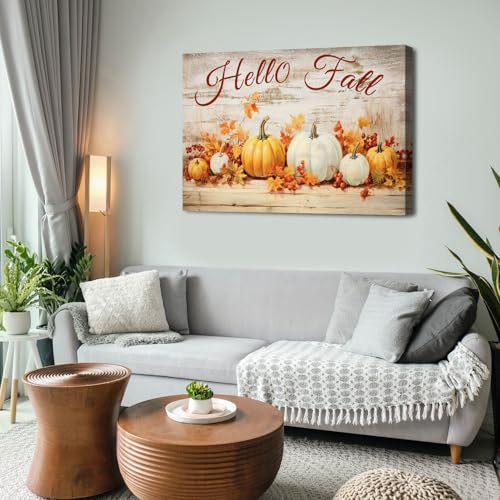 Fall Wall Art Pumpkin & Maple Leaves Canvas Decor - 48 x 32 Inches - Rustic Autumn Home Decor - Pumpkin-2 Variation