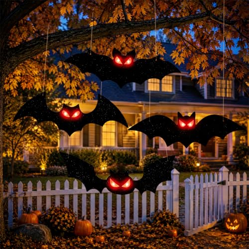 Lighted Halloween Bats Decor - 4PCS Outdoor Indoor Hanging Bat Set - Red Variation