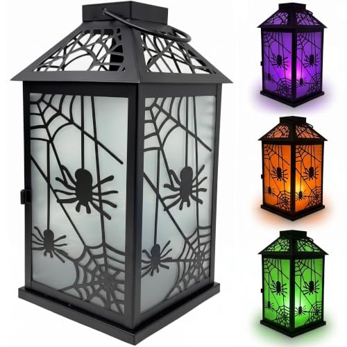 Halloween Candle Lantern with Spider Web Design - Indoor & Porch Decor, Spooky Spider Variation