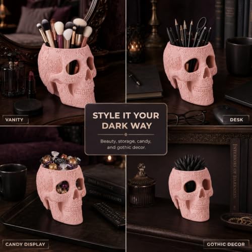 Pink Skull Makeup Brush Holder - Large Resin Pen & Vanity Organizer