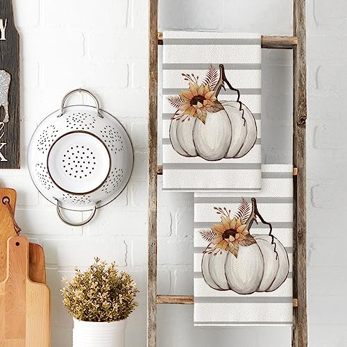 Sunflower Pumpkin Fall Kitchen Towels Set of 2 - Beige, 18x26 Inches