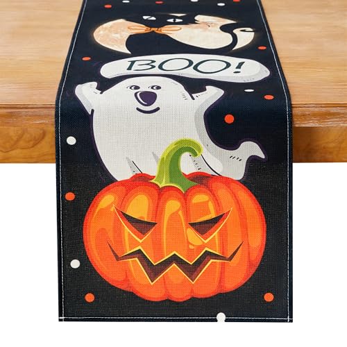 Halloween Black Cat Table Runner - Spooky Fall Decor for Dining Table 13x72 Inch