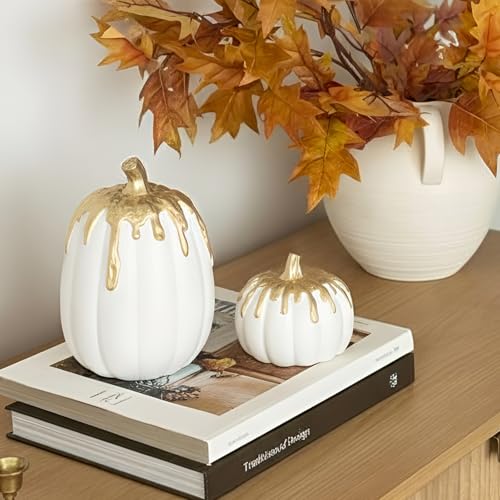 White and Gold Fall Pumpkin Decor Set of 2 - WDS WONDROUS, Autumn Thanksgiving