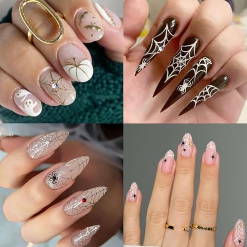 Halloween Nail Art Stickers Decals with Rhinestones - 4 Sheets with Spider Web & Goth Design - Variation 19