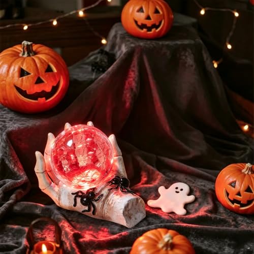 Halloween Snow Globe Crystal Ball LED Decor White Skeleton Hand - Spooky Indoor Display