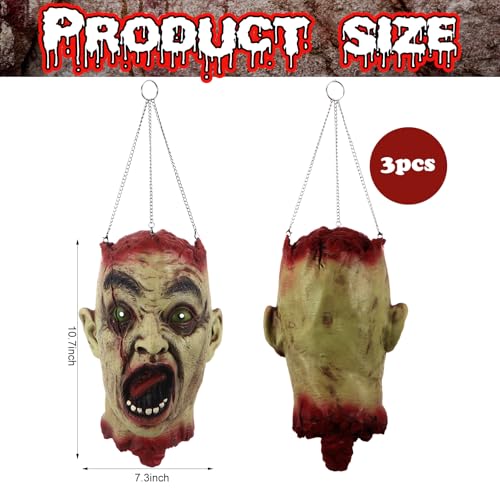 Halloween Zombie Head Hanging Decoration with Glowing Eyes, Spooky Horror Prop - Set of 3