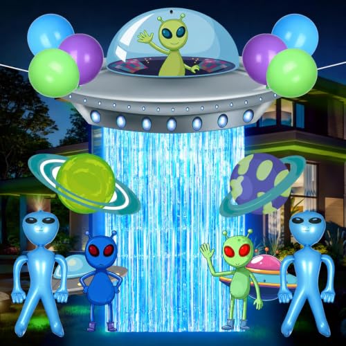 Blue Alien UFO Birthday Decorations Kit with Backdrop and Balloons - Alien Party Supplies