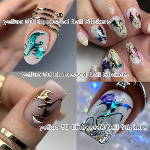 Self-Adhesive Halloween 5D Nail Stickers - Silver Bat Flying Dragon Pattern, 2 Sheets