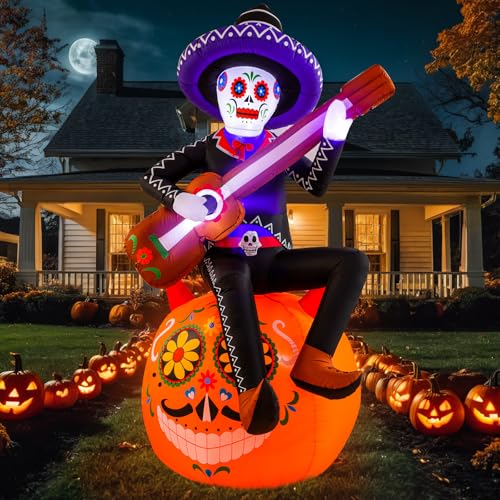 8 Ft Halloween Inflatable Skeleton Pumpkin Guitar with LED Lights for Outdoor Lawn Decor
