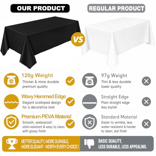 Black Plastic Tablecloth 3 Pack - Scalloped Halloween Waterproof Disposable