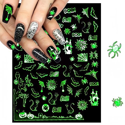 Halloween Nail Art Stickers with 3D Fluorescent Spider Design - Self-Adhesive Decals for Manicure DIY