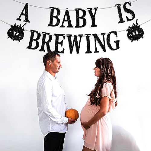 Halloween Baby Shower Banner - Black Glitter 'A Baby Is Brewing' Party Decoration