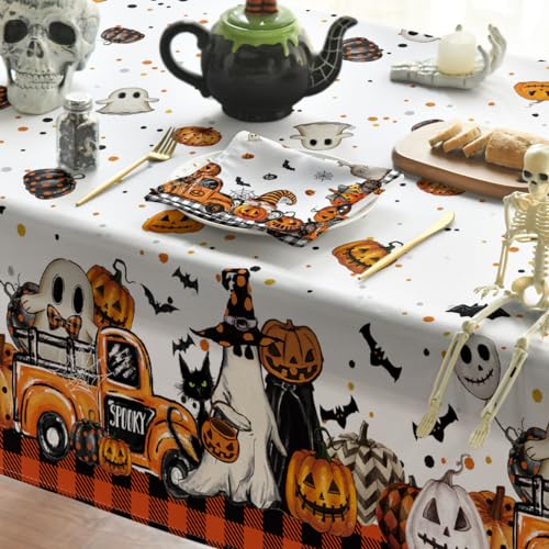 Halloween Tablecloth 70x70 Inch Round Buffalo Plaid Pumpkin Orange