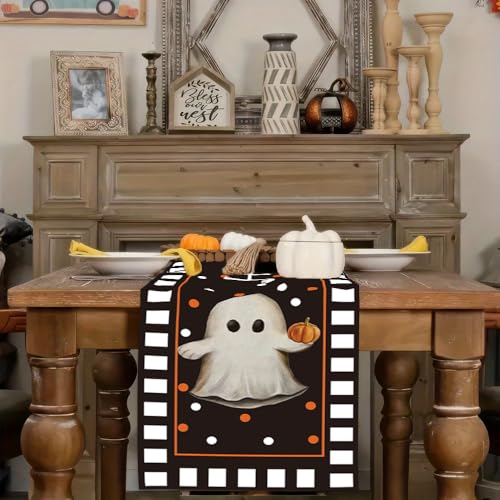 Halloween Ghost Table Runner Black Pumpkin Chessboard Pattern 13x72 Style 04