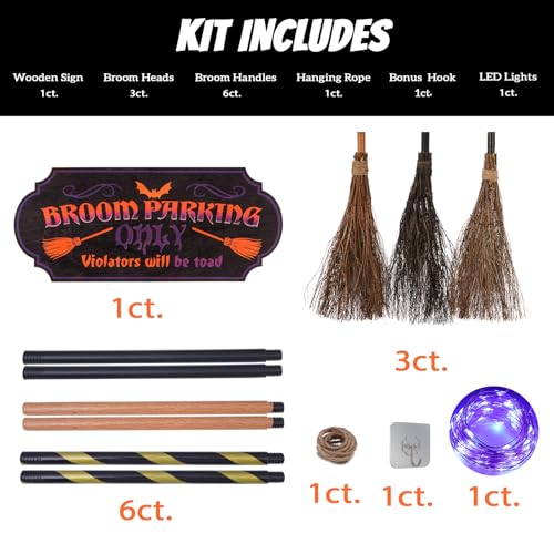 Halloween Broom Parking Sign with 3 Witch Brooms & Purple Lights - Whimsical Outdoor Decor