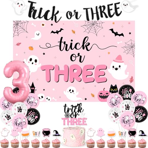 Halloween 3rd Birthday Decorations Kit for Girls Pink Black Ghost Balloons Banner Cake Topper