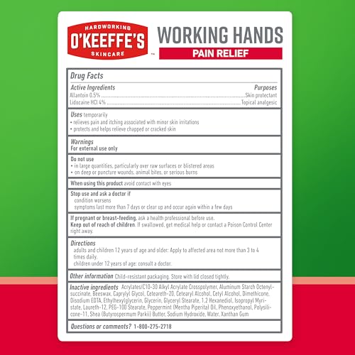 O'Keeffe's Working Hands Pain Relief Cream Skin Protectant with 4% Lidocaine and Cooling Peppermint Oil for Instant Relief from Pain, Itching, Irritation and Dryness, 3oz Tube