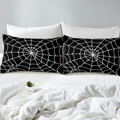 Spider Web Bedding Set Queen Size Halloween Duvet Cover & Pillowcase 3Pcs - Black White