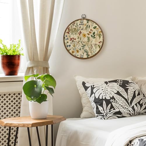 Boho Flower Wall Art Decor - Yellow Round Canvas Botanical Artwork for Living Room Nursery Bedroom 10x10