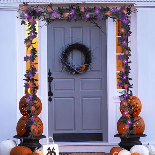 Halloween Maple Leaf Garland with Purple Orange LED Lights 5.9 ft - Fall Decorations
