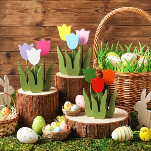 Spring Tulip Table Centerpiece Decor Set - Wooden Rustic Farmhouse Style
