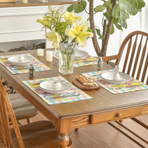 Colorful Buffalo Plaid Bunny Easter Placemats Set of 4 - 12x18 Yellow