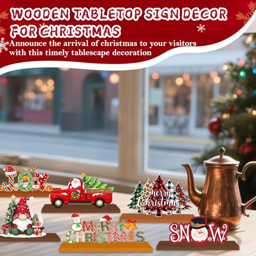 Christmas Wooden Tabletop Decoration Set - Red, 6 Pieces, Holiday Scene