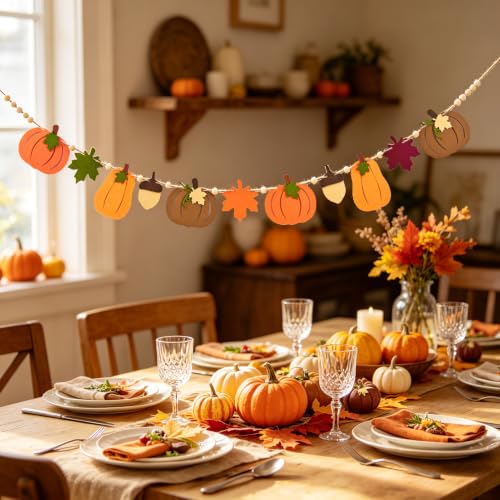 Pumpkin Fall Garland with Leaves & Acorns - 1pc Halloween & Thanksgiving Decor